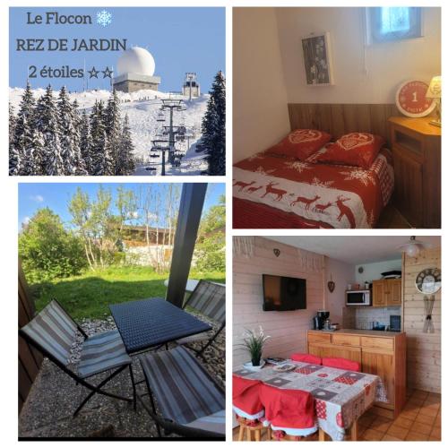 un collage de quatre photos d'une chambre d'hôtel dans l'établissement Appartement Le Flocon, Joli petit Cocon 4 pers en Rez de Jardin Draps inclus, aux Rousses