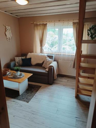 a living room with a couch and a table at Rodzinny zakątek "U Głuszków" Bieszczady in Myczkowce