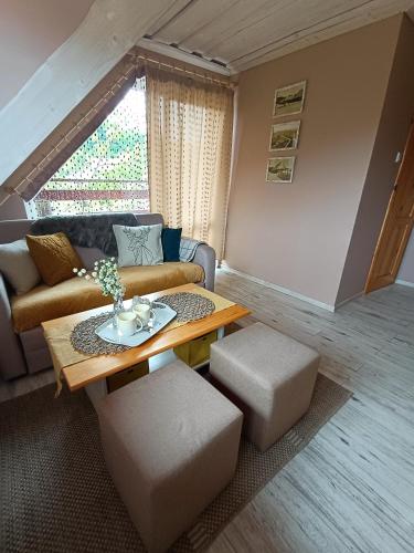 a living room with a couch and a table at Rodzinny zakątek "U Głuszków" Bieszczady in Myczkowce