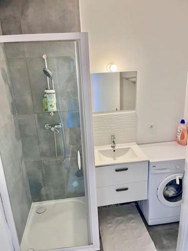 une salle de bain avec douche et lavabo dans l'établissement Le Quatro - 2ch - 2 lits doubles, à Villeurbanne