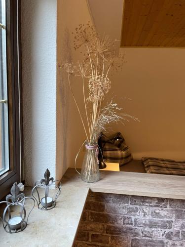 a vase with flowers in it sitting on a window sill at Apartment Tanja in Fürth