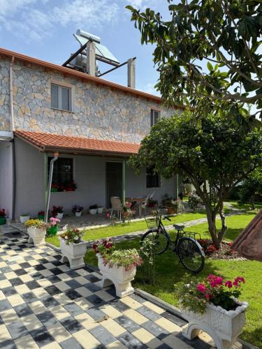 a house with a bicycle parked in front of it at Holiday House in Lezhë