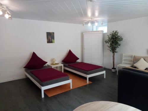 ein Wohnzimmer mit 2 Sofas und roten Kissen in der Unterkunft Ferienwohnung / Monteurzimmer Sibbesse in Sibbesse