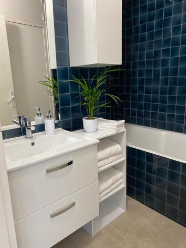 une salle de bain avec un lavabo blanc et un miroir dans l'établissement Chez Julien, à Troyes