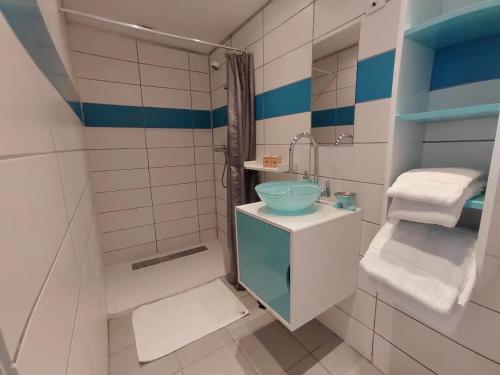 Un pequeño baño con lavabo y ducha. en Le triplex de l'union, en Périgueux