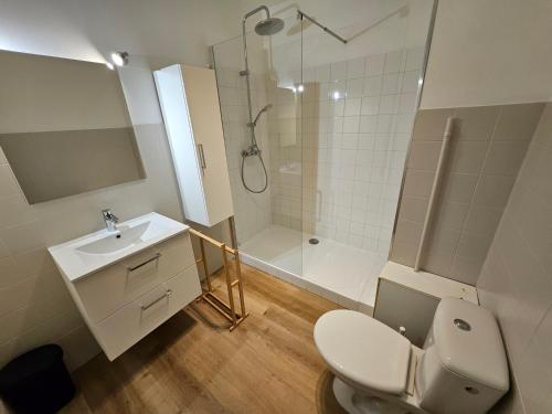 une salle de bain avec toilettes, lavabo et douche dans l'établissement Antibes studio Vauban dernier étage vue mer, à Antibes