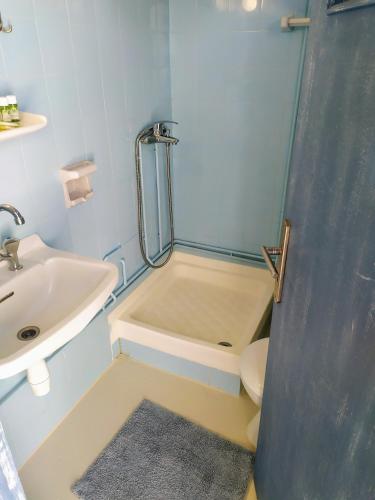 a bathroom with a shower and a toilet and a sink at AGORA CENTER Building - Room 20 in Ios Chora