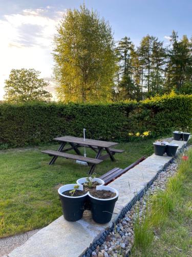 a picnic table with potted plants and a picnic table at Apartmán Pod Žalým in Benecko
