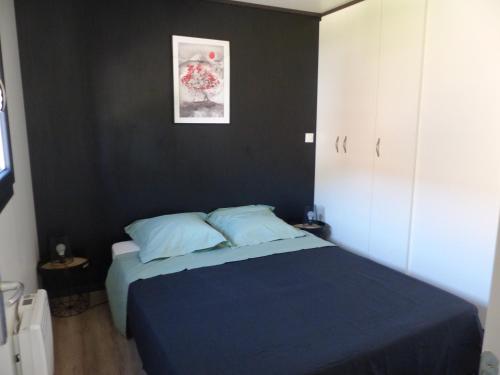 - une chambre avec un lit bleu et un mur noir dans l'établissement Cottage du Lac, à Olonzac