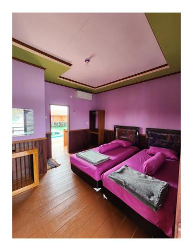 two beds in a room with purple walls at Miranda Cottage in Derawan Islands
