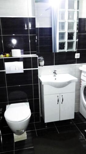 a black and white bathroom with a toilet and a sink at LUX Apartman in Leskovac