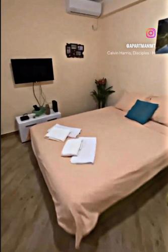 a bedroom with a large bed with a flat screen tv at Apartments M&T in Tivat