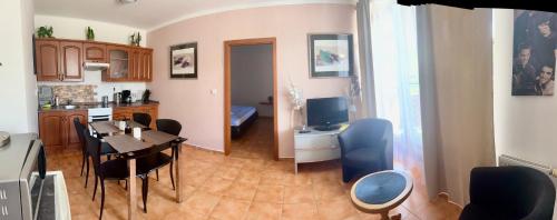 Kuchyň nebo kuchyňský kout v ubytování Jsmit Music&Bar&Apartments, balkóny v apartmánah, bar dole