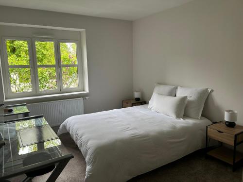 1 Schlafzimmer mit einem weißen Bett und 2 Fenstern in der Unterkunft Maison coup de cœur in Fauverney