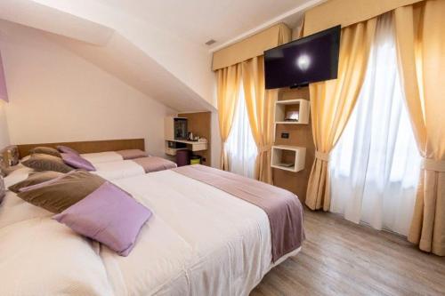 a bedroom with two beds and a flat screen tv at Hotel Le Palme in Dormelletto