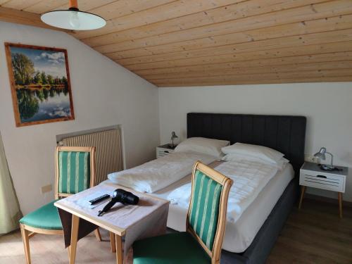 1 dormitorio con 1 cama con mesa y 2 sillas en Garni Hattlerhof B&B, en Brunico