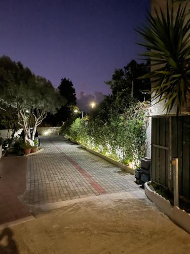 a cobblestone street at night with trees and lights at B&B Villa Magna Grecia in Lazzaro