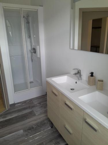 une salle de bain avec un lavabo blanc et une douche dans l'établissement Au Bien-hêtre, à Granges-sur-Vologne