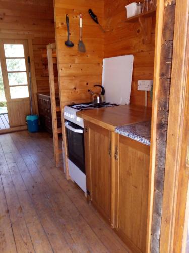 a kitchen with a stove and a counter top at Romantic Mountain cabin with Spa in Caserío Carraspite