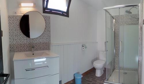bagno con servizi igienici, lavandino e specchio di Vacancorse Maison U Canale a Speloncato