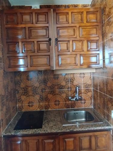 a kitchen with wooden cabinets and a sink at Playa Las Fuentes in Alcossebre