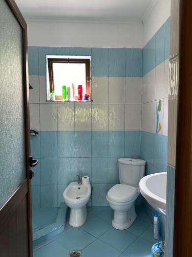 niebieska łazienka z toaletą i umywalką w obiekcie Nia's Farm w mieście Librazhd