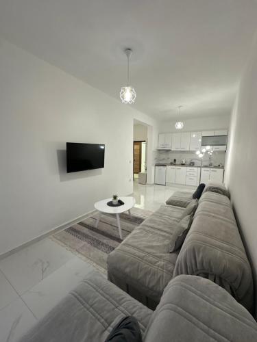 a living room with three couches and a tv at Apartments Amar in Ulcinj