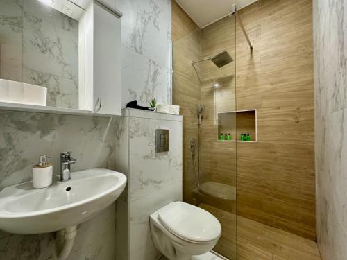 W łazience znajduje się toaleta, umywalka i prysznic. w obiekcie Herceg Novi w mieście Herceg Novi