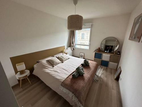 波爾多的住宿－Le cocon bordelais - Cité du vin，一间卧室配有一张大床和镜子