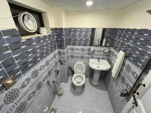 Blue Sky Hotel & Restaurant في سكردو: حمام مع مرحاض ومغسلة