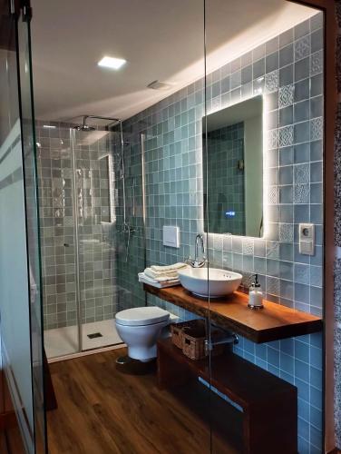 a bathroom with a toilet and a sink and a shower at Valados do Outeiro - Casas de Campo in Valença