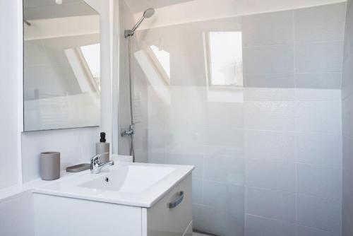 une salle de bain blanche avec un lavabo et une douche dans l'établissement Le St Gemmes : Appartement T3, à Sainte-Gemme-sur-Loire