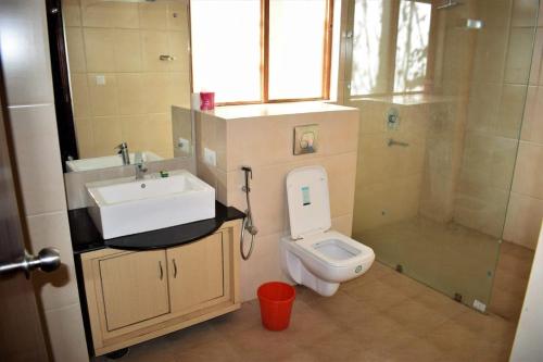 een badkamer met een wastafel, een toilet en een douche bij zoz f3 in Leh