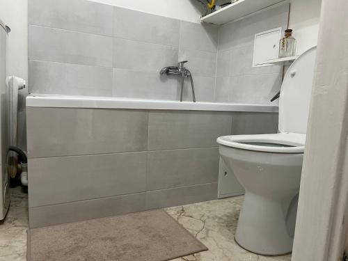 a bathroom with a toilet and a bath tub at Sunny View Apartament in Bytom