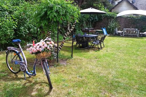 ein Fahrrad, das auf einem Hof mit einem Blumenkorb geparkt ist in der Unterkunft Willa Retro Hostel in Krakau