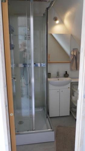 uma cabina de duche em vidro na casa de banho com um lavatório em Gård em Borre
