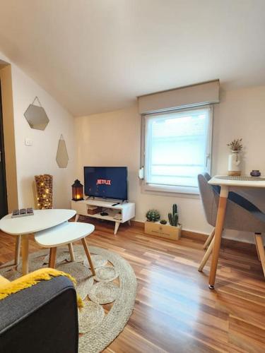 a living room with a couch and a tv at Champétillant in Épernay