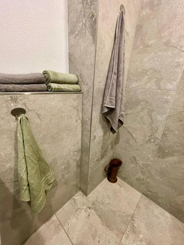 a bathroom with a shower with towels on a wall at Wunderschönenes Apartament am Schlössle Zentrum Goldstadt in Pforzheim