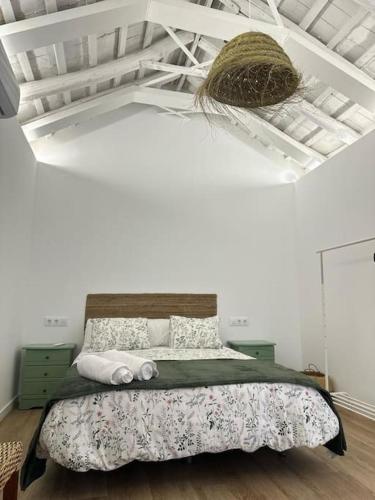 a bedroom with a bed with a basket on the ceiling at Casa en el centro de Arahal in El Arahal