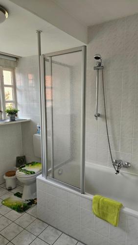 a bathroom with a shower and a toilet at Ferienwohnung Lehmann in Wolfenbüttel