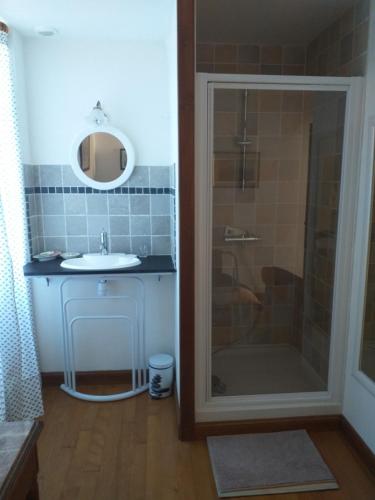 une salle de bain avec un lavabo et une douche dans l'établissement La Vieille Auberge, à Peyrelevade