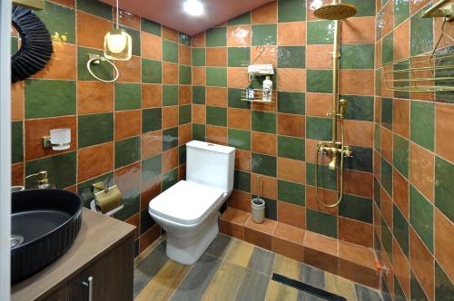 y baño con aseo, lavabo y ducha. en BFG Suites Leselidze, en Tiflis