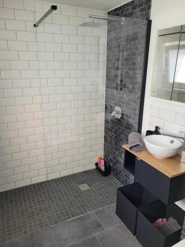 a bathroom with a sink and a shower at Püttlingen Appartement in Püttlingen