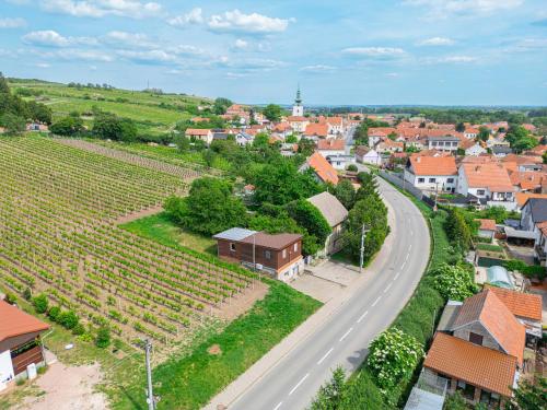 an aerial view of a town with a road and vineyards at Vinný sklep Monty Přítluky in Přítluky