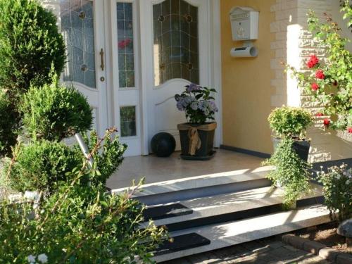 une porte d'entrée d'une maison avec des plantes en pot dans l'établissement Komfortable, gemütliche 4 Sterne Ferienwohnung, 