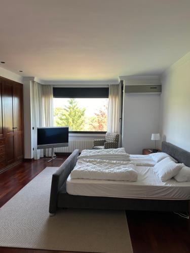 una camera con un grande letto e una grande finestra di Villa Pirineus a beautiful villa with pool a Santa Cristina d'Aro