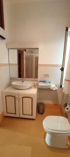 W łazience znajduje się umywalka, toaleta i lustro. w obiekcie Ambrosio home w mieście Vico Equense