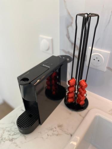 a black printer sitting on a counter next to a sink at Appartement moderne climatisé Monaco vue Mer in Cap d'Ail