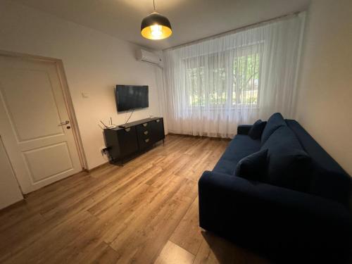 a living room with a blue couch and a television at Peony Apartament in Craiova