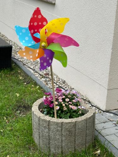 einen Pflanzer mit einem bunten Regenschirm in einem Blumentopf in der Unterkunft Villarina in Dresden